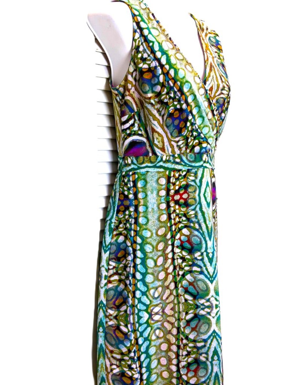 Andrew Marc NY Sleeveless Dress Peacock Print Faux Wrap Size 4 Teal Pink